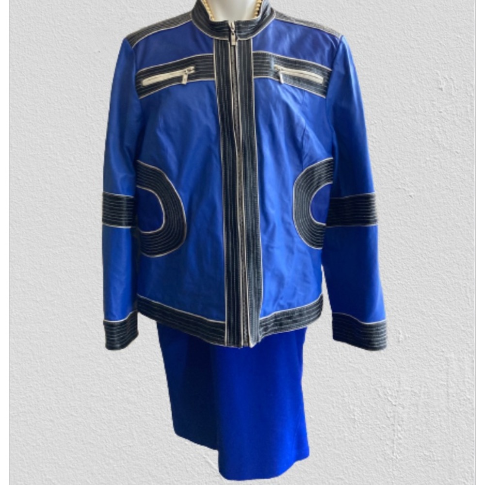 PAMELA MCCOY Vintage Blue, Black & White Leather Jacket 2X
